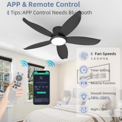 42'' LOW PROFILE CEILING FANS WITH LED LIGHT BLACK FLUSH MOUNT REMOTE APP CONTROL