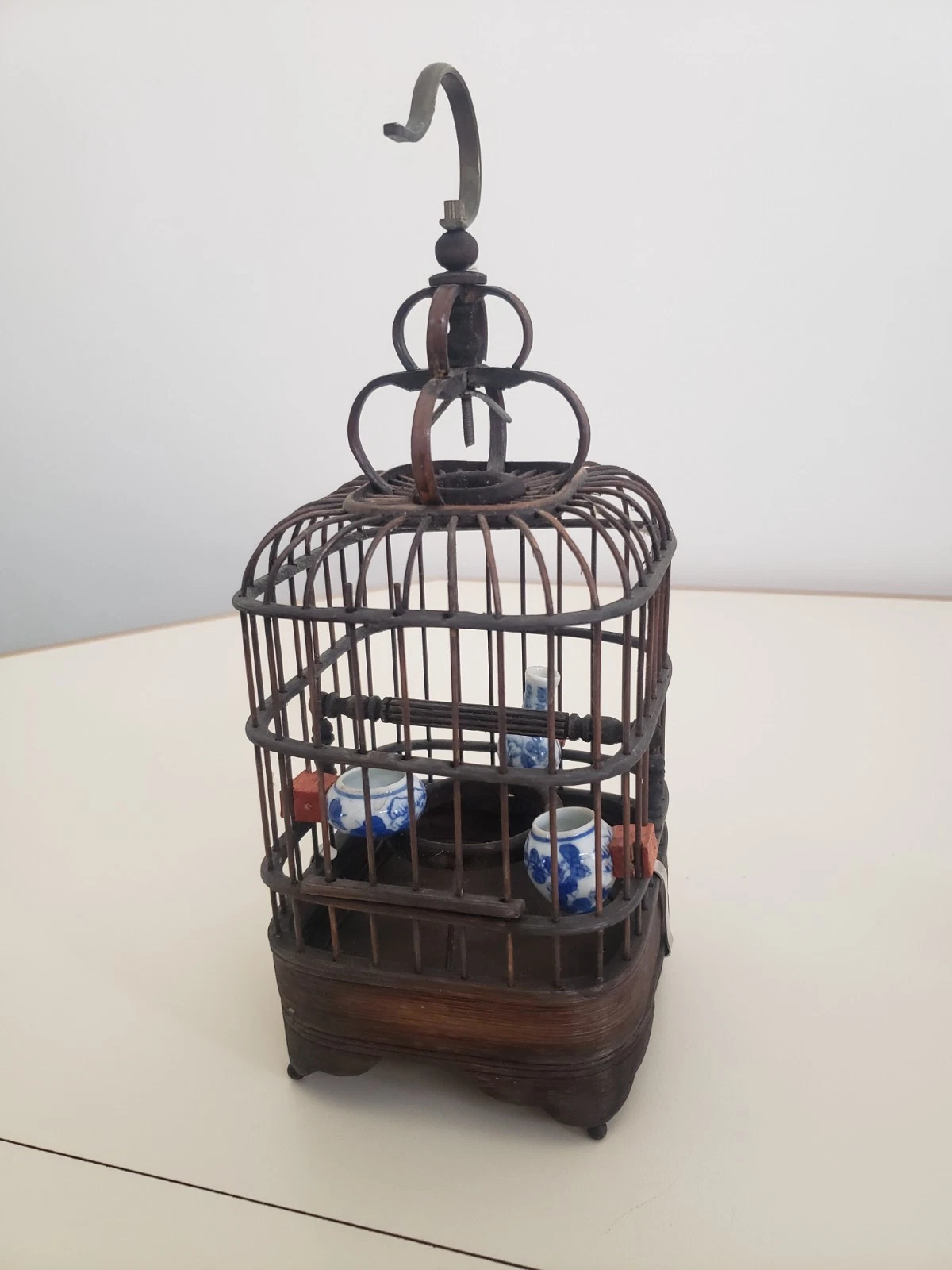 Vintage Chinese Bamboo Birdcage Miniature Blue White Porcelain Feeders