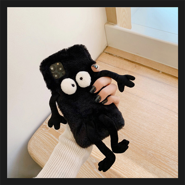 Hot!black Coal Ball Doll Warm Case Suitable for Apple Phone Case with Fluffy Fur