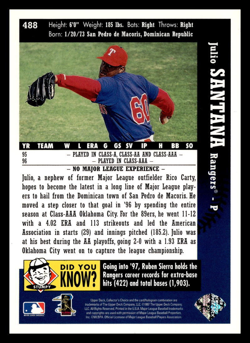 1997 Collector's Choice #488 Julio Santana Texas Rangers Baseball