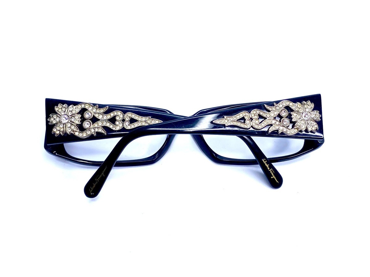Salvatore Ferragamo Black Crystal Thick Temples Glasses