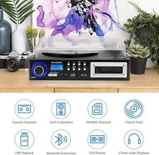 3 Speeds Record Player Portable Bluetooth Turntable with Built-in Dual Stereo Sp