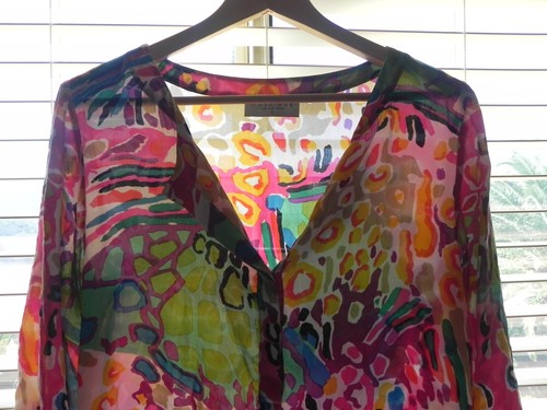 Mossique Blouse Tunic 100% Silk 3/4 Sleeve 1/2 Button up Vibrant Color Size M - Picture 11 of 11