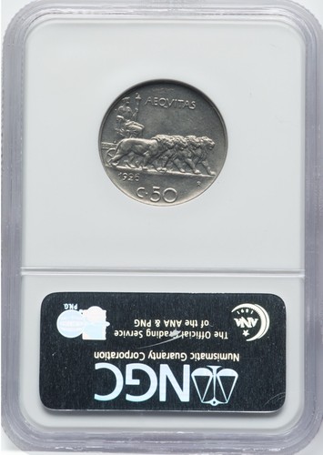 ITALY KINGDOM 1926-R 50 CENTESIMI COIN, NGC CERTIFIED MS62, KEY DATE, PLAIN EDGE - Picture 2 of 2