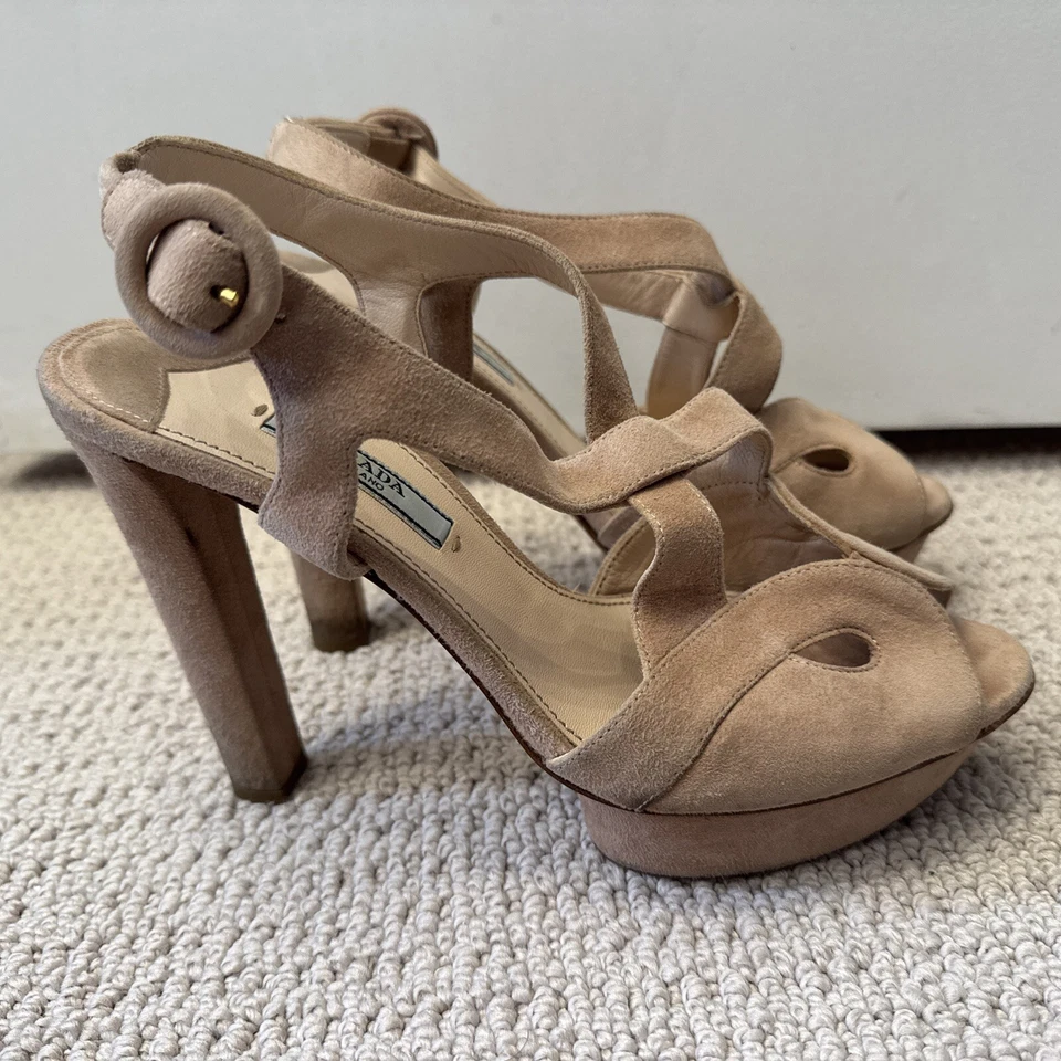 GREAT PRICE! Beige Prada 37.5 (US 7) Suede Platform Sandal Heels - Image 2 of 4