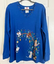 NEW Quacker Factory Sweater Cat Christmas Tree w Fish Dangling Ornaments XL