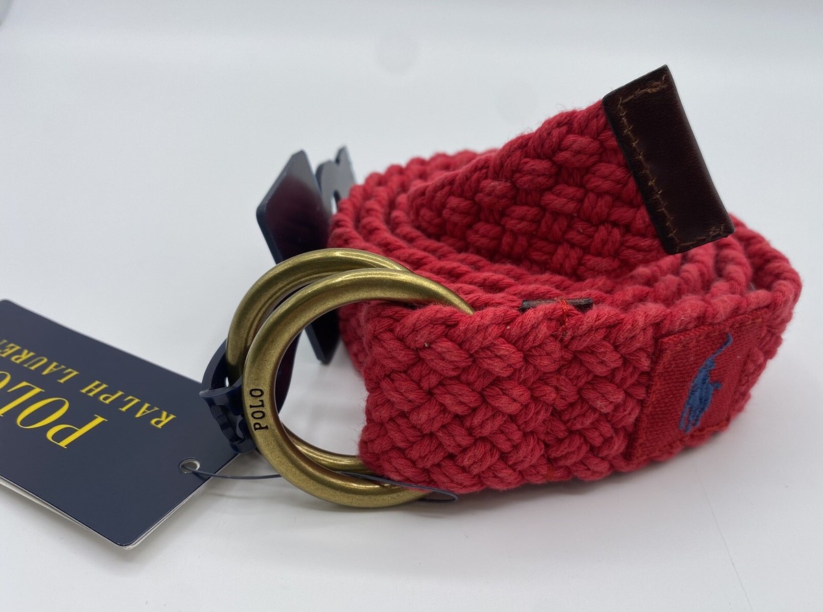 Polo Ralph Lauren Belt Mens Red Leather Trim Webbed Cotton O Ring S, M, L,  XL