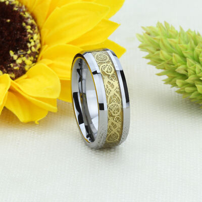 9MM Comfort Fit Tungsten Carbide Wedding Band Gold Tone Celtic Dragon Inlay  Ring
