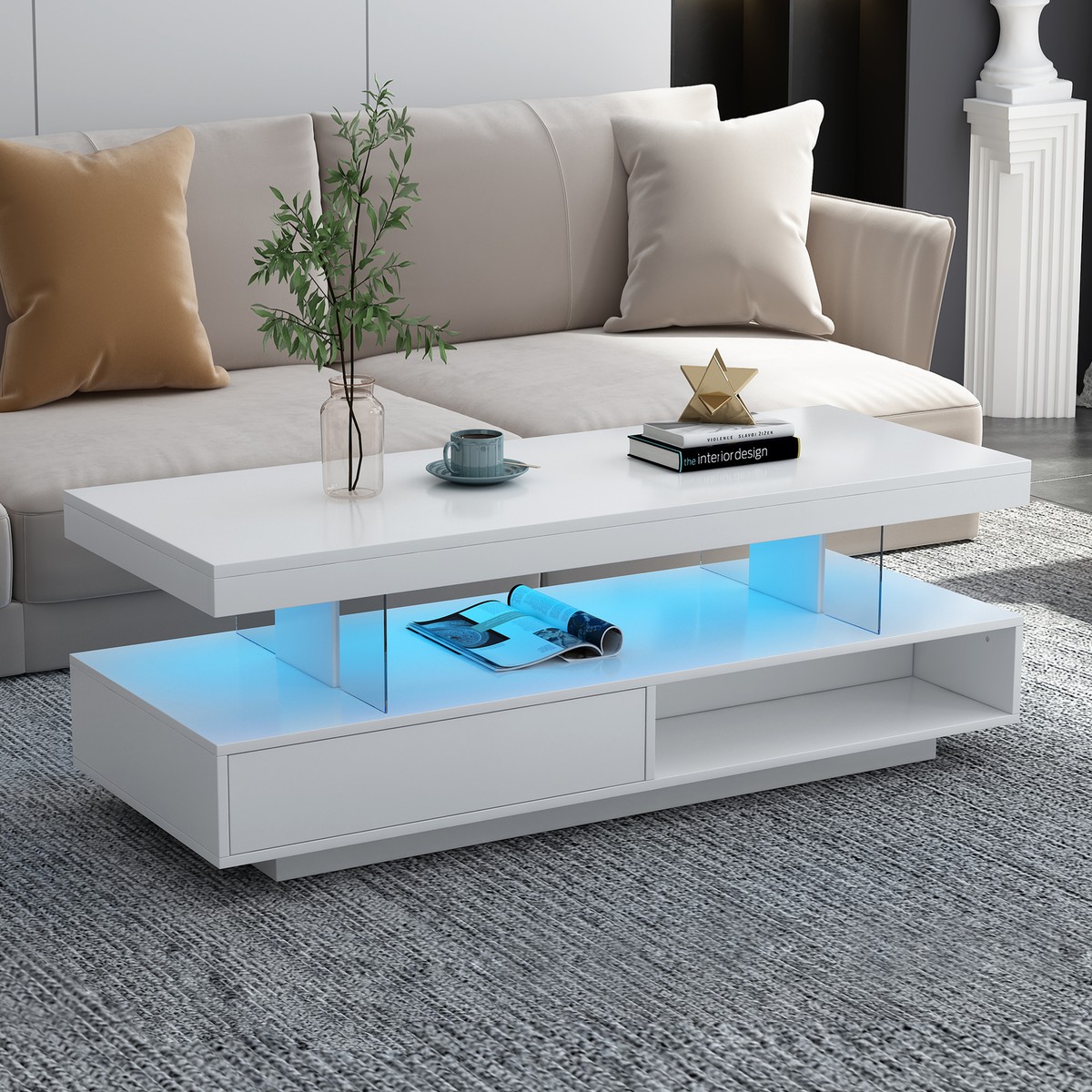 Center Table White High Gloss Coffee Table With Led Lights LED