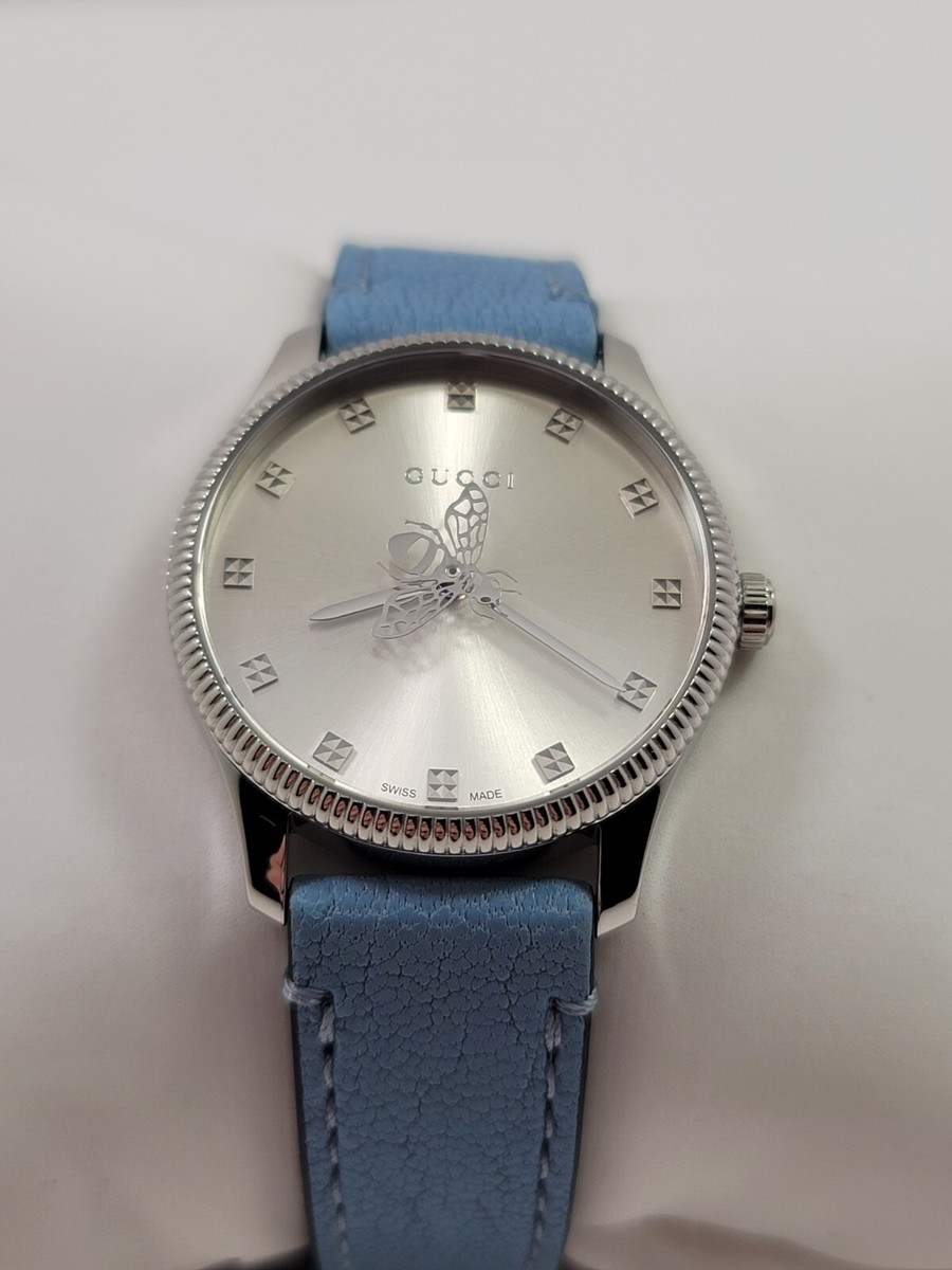 Gucci G-Timeless Quartz Silver Dial Blue Leather Strap Ladies  