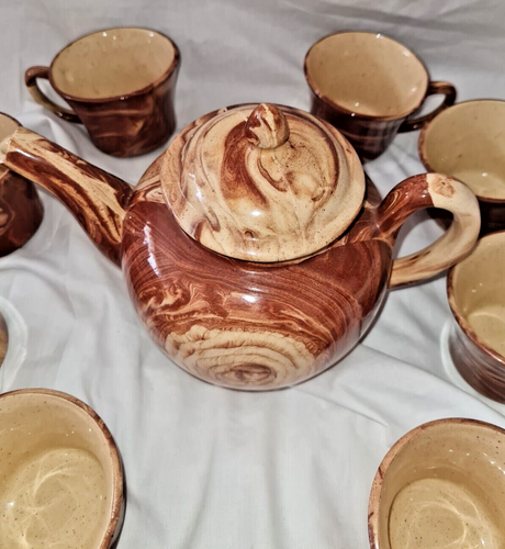 Rare Vintage EMIL CAHOY COLOME S.D. Art Pottery Coffee Tea Pot W/8 Mugs - Picture 4 of 7