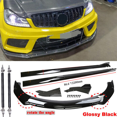 For Mercedes Benz Front Bumper Lip Body Spoiler Splitter Side+Skirt Strut Rod