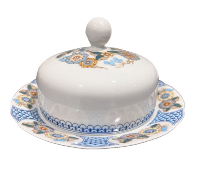 Vintage Kahla 2 Piece Covered Round Butter/ Cheese Dish Made In GDR Floral Blue