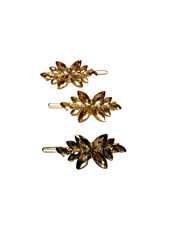 Vintage Hair Pins Barrettes Yellow/Gold Stones Lot Of 3 2 Matching 1 Odd