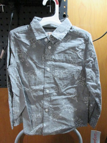 Cat & Jack Boy's Grey Long-sleeved Button-down Shirt size XS 4-5 dinosaur print - Picture 2 of 7