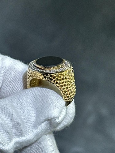 14k Yellow Gold Diamonds & Black Onyx Signet Halo Design Band Ring Size 7.75 - Picture 3 of 24