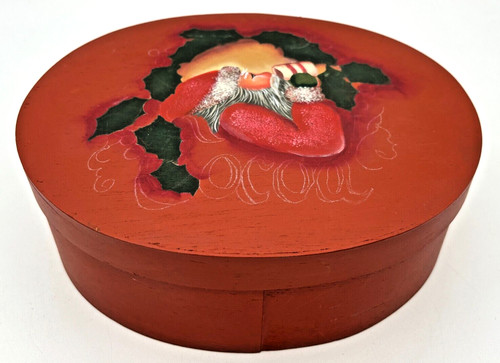 Hand Painted Shaker Style Oval Wooden Box w/ Lid Santa Drinking Cocoa Unfinished