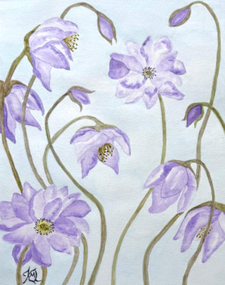 PAINTING WATERCOLOR 11X14 AND MAT 16X20 FLOWERS ANEMONE PURPLE BLUE ORIGINAL ART