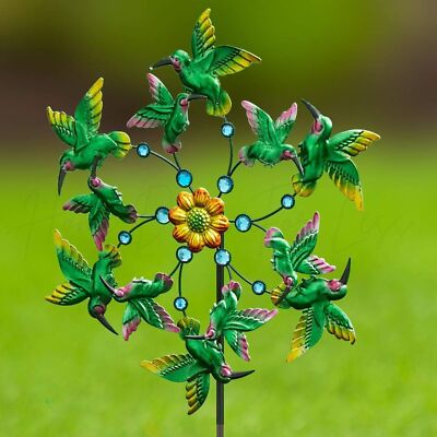 Colorful Metallic Hummingbird Jeweled Garden Wind Spinner Stake Yard Art Decor