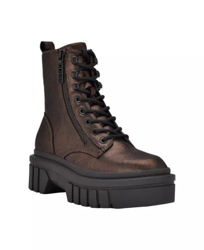 Guess BRONZE - TEXTILE Women's Ferina Combat Lug Sole Lace Up Boots, US 7.5M