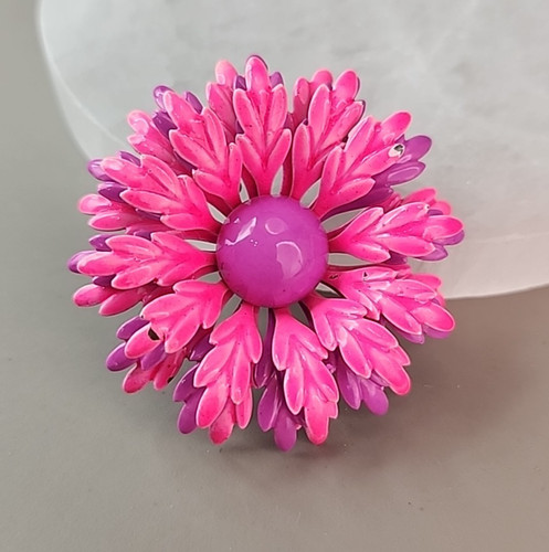 Vintage Enamel Flower Brooch Pink Layered Purple 1960s Mod 2 1/8"