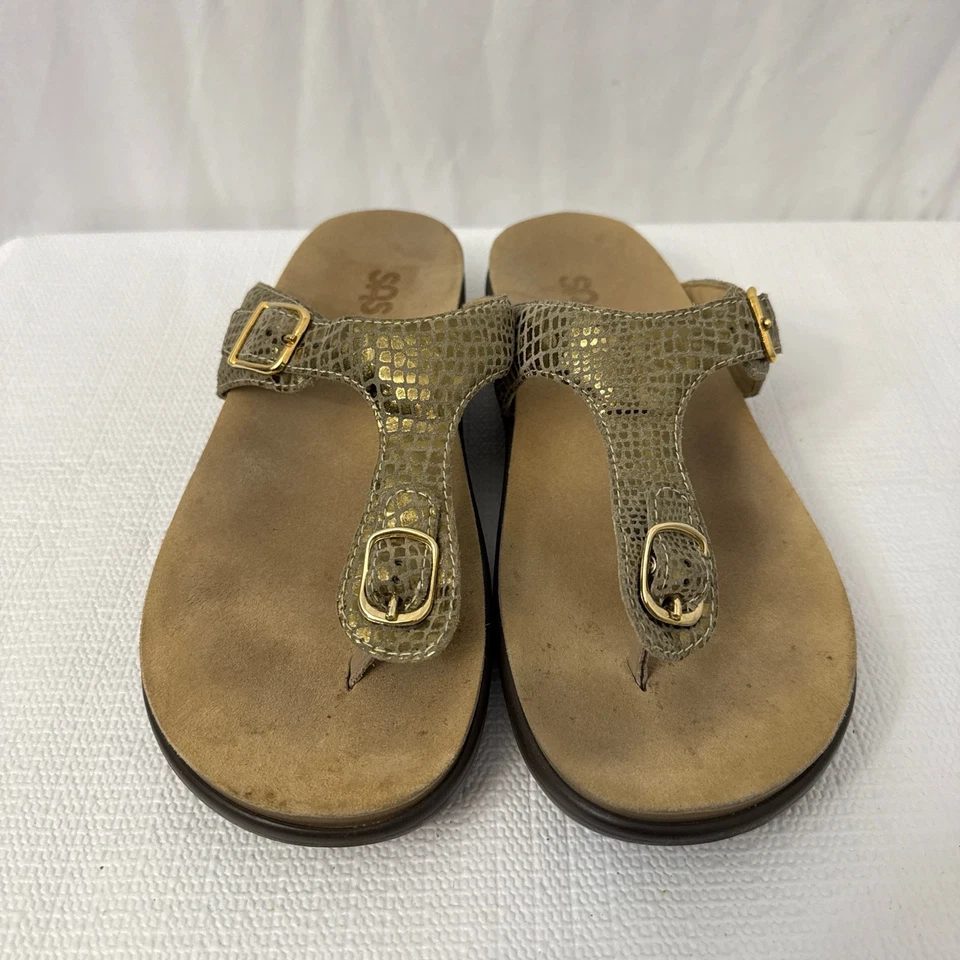 SAS Sandals Womens 8 M Comfort Sanibel Gold Metallic Leather Slip On Thong - Image 2 of 4
