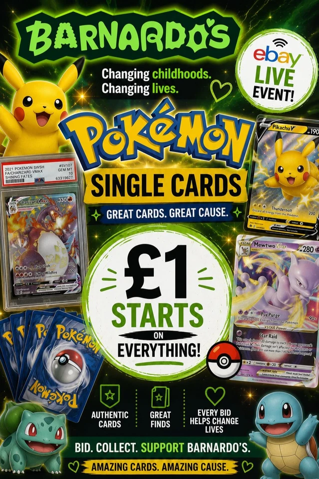 Barnardo’s Pokémon Singles Charity eBay Live | £1 Starts on Everything ⭐