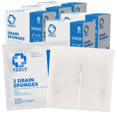 Split Drain Sponge Gauze 4x4 Sterile 6 Ply Pads Pack of 250 Absorbent Precut