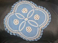 Vintage Style Hand Crochet Doily Blue White Floral 4-Petal Table Mat Centerpiece