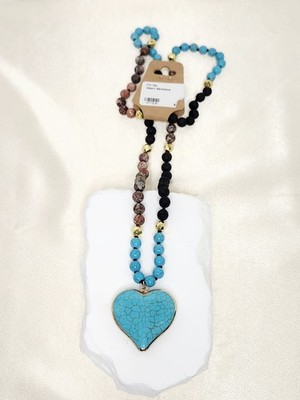 PalmBeach Jewelry Turquoise, Jasper & Lava Stone Beaded Heart Pendant Necklace 