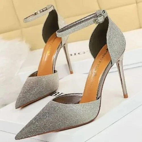 Escarpins à talons aiguilles argentés pailletés pour femmes, bride cheville, ... - Photo 3/3