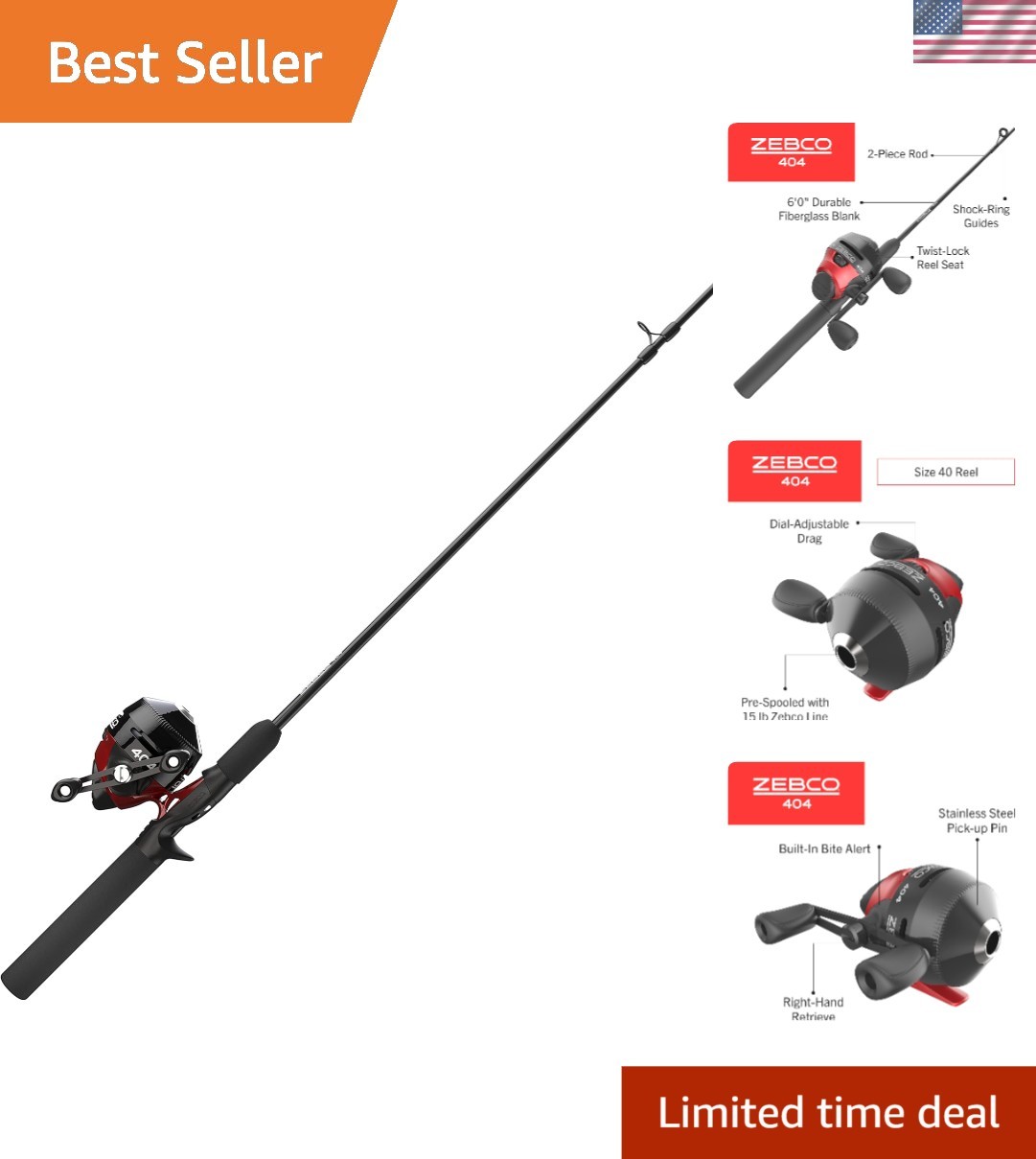Zebco 404 Spincast Reel & 6FT Medium Fishing Rod Combo - Rig