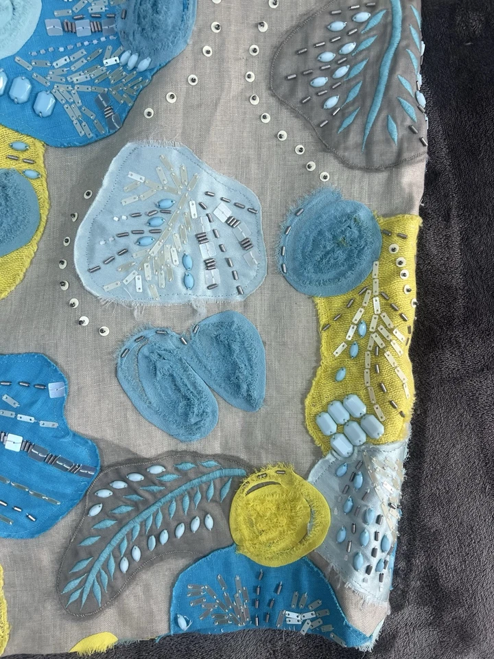 Lafayette 148 Straight Skirt Beige Linen Blue Yellow Silk Leaves Beaded Size L - Image 3 of 4