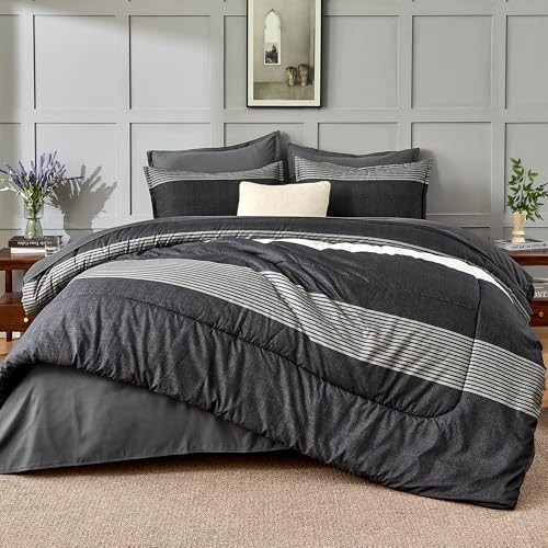 Set piumone misura 7 pezzi - letto a righe bianco nero King 02 - nero bianco - Foto 2 di 8