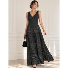 Signature Robbie Bee Black Boho Midi Dress Beaded Crochet Smocked Waist