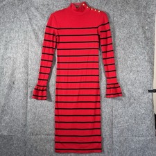 Ralph Lauren Midi Pencil Dress Sz Small Red Stripe Mock Neck Nautical Old Money