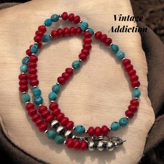 20" Turquoise Coral Sterling Navajo Pearl Necklace Southwest Faceted Pawn Squash