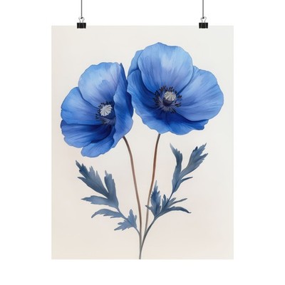 Boho Blue Poppies Flower Art Print Poster, Minimalist Floral Wall Art 4