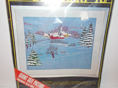 Vintage 1976 RARE Vogart Crafts Crewel Embroidery Kit 411N Farm in Winter 16x20 - Bild 3 von 11