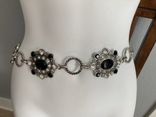 Chico s Bling Belt Metal Black Stones Rhinestones Women Jewelry 50"L Vintage