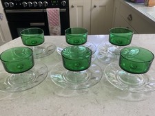 Set of 6 Vintage Luminac/Arcoroc France Green Stemware Footed Bowls with Saucers