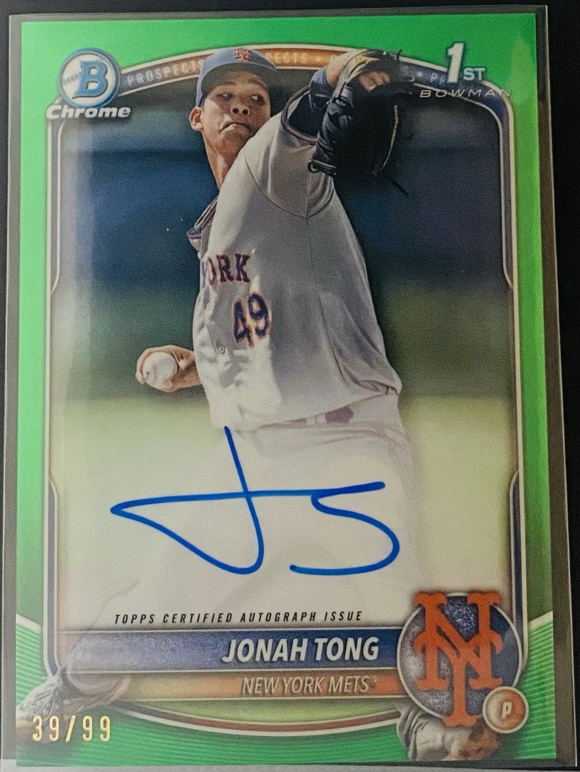 2025 Bowman Chrome Prospect Autographs Jonah Tong #CPA-JTO Green /99 Auto 1st