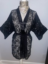 Vintage Victoria Secret Gold Label Black Sheer Lace Front Satin Kimono Robe OS