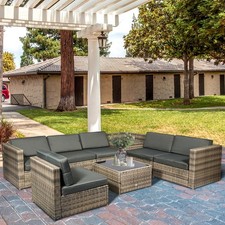 Image of 8Pcs Patio Rattan Seating Garden Furniture Set Table w/ Cushions 6 Seater