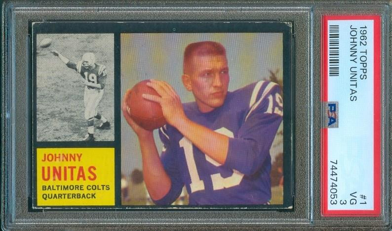 1962 Topps NFL Football Card JOHN UNITAS Baltimore Colts #1 PSA 3