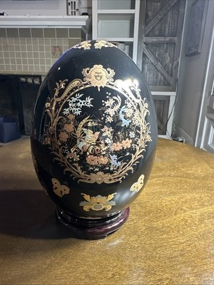 Vtg Large Black Porcelain Egg w/ Birds of Paradise & Floral Design in Gold 9.5 H