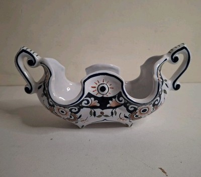 Fayence Jardiniere Rouen kleine Blumen Übertopf Vase signiert auf Sockel Vintage 20x8cm