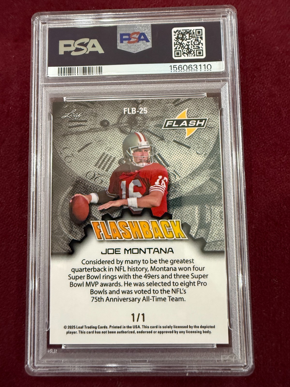 Joe Montana 2025 Leaf Eclectic Flashback Black Lava 1/1  PSA 10 Gem Mt view 2