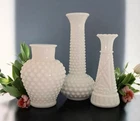 2 White Hobnail Vases & 1 Bud Vase Milk Glass Vintage Lot of 3