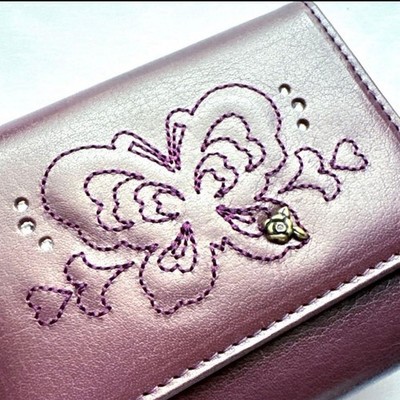 Anna Sui Butterfly Embossed Bifold Wallet Wine Red Leather 11cm